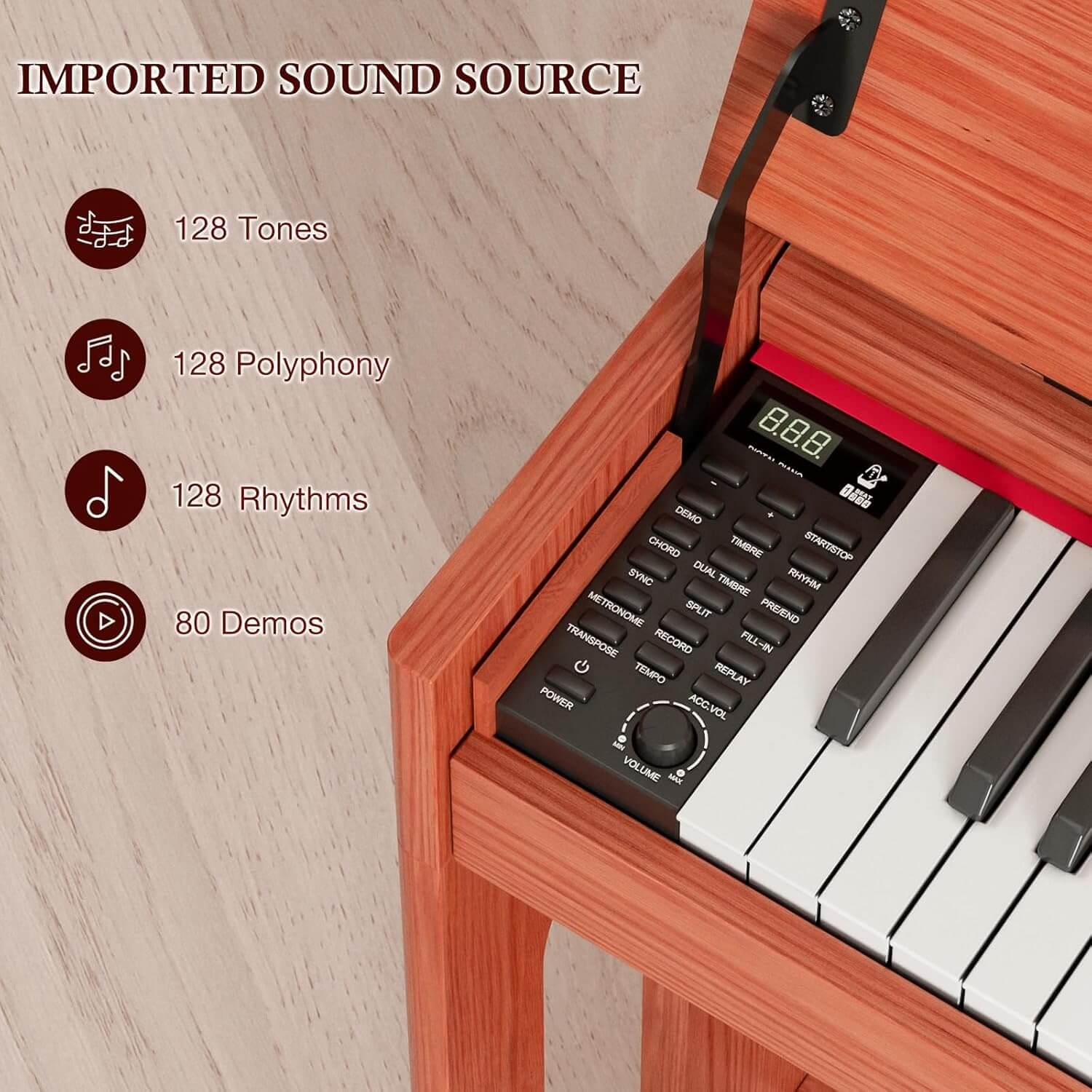 UMOMO-digital-piano-control-panel-128-polyphony-LCD-display-wood-finish