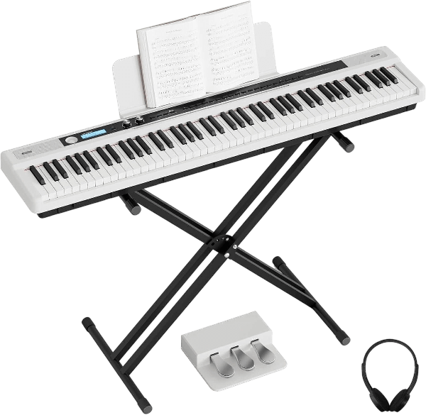 UMOMO UM-724 88 Key Digital Piano Keyboard with Piano X Stand, Full Size Electric Piano with Headphone, 3 Pedal, Electronic Piano for Beginner, Adults, White